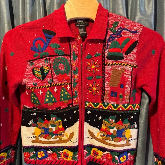 Vintage 90’s Designers Originals Studio Christmas Sweater Cardigan Ugly Medium - Picture 1 of 12